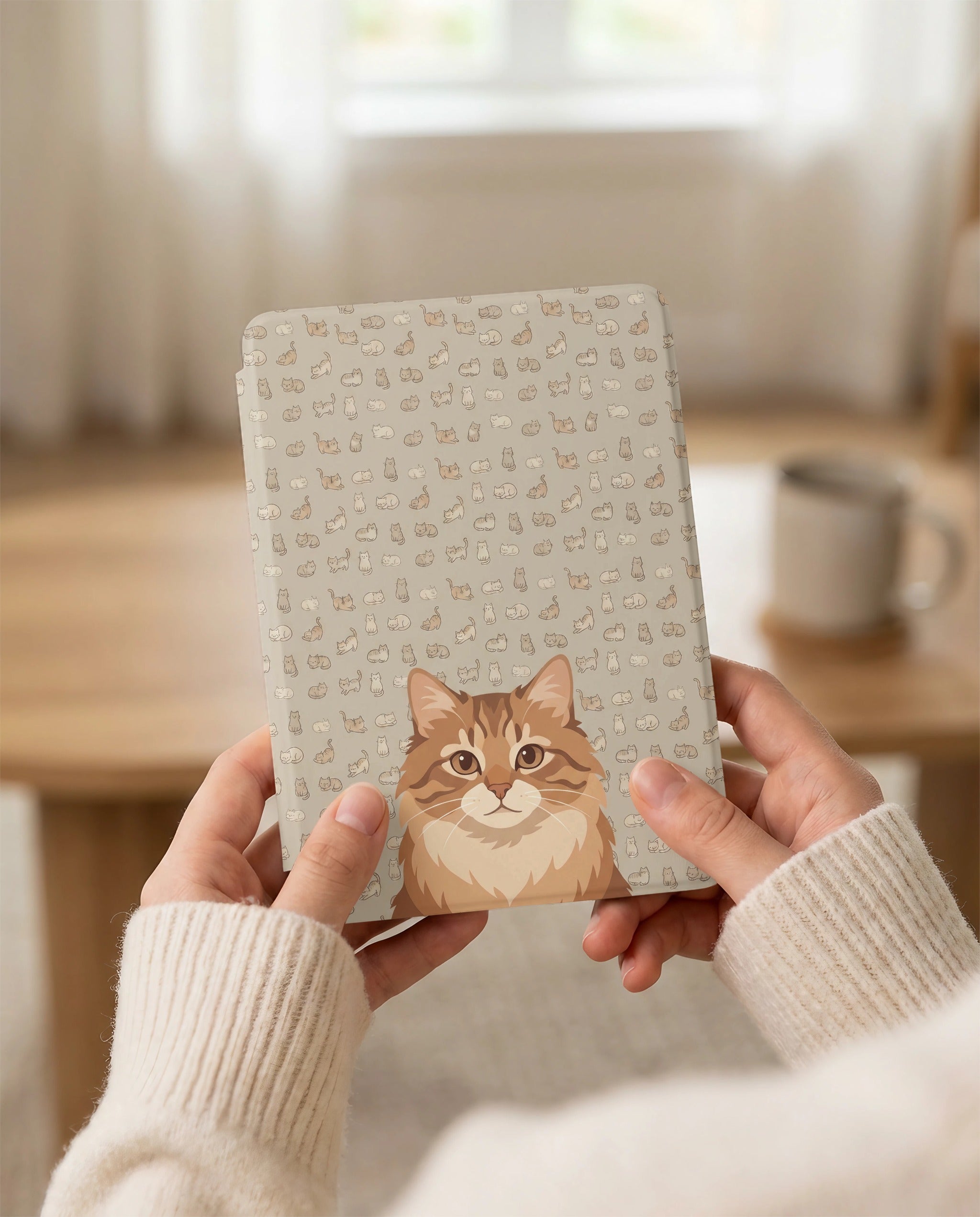 Custom Cat Portrait Kindle Case — Ginger Longhair with Playful Doodle Pattern Gift
