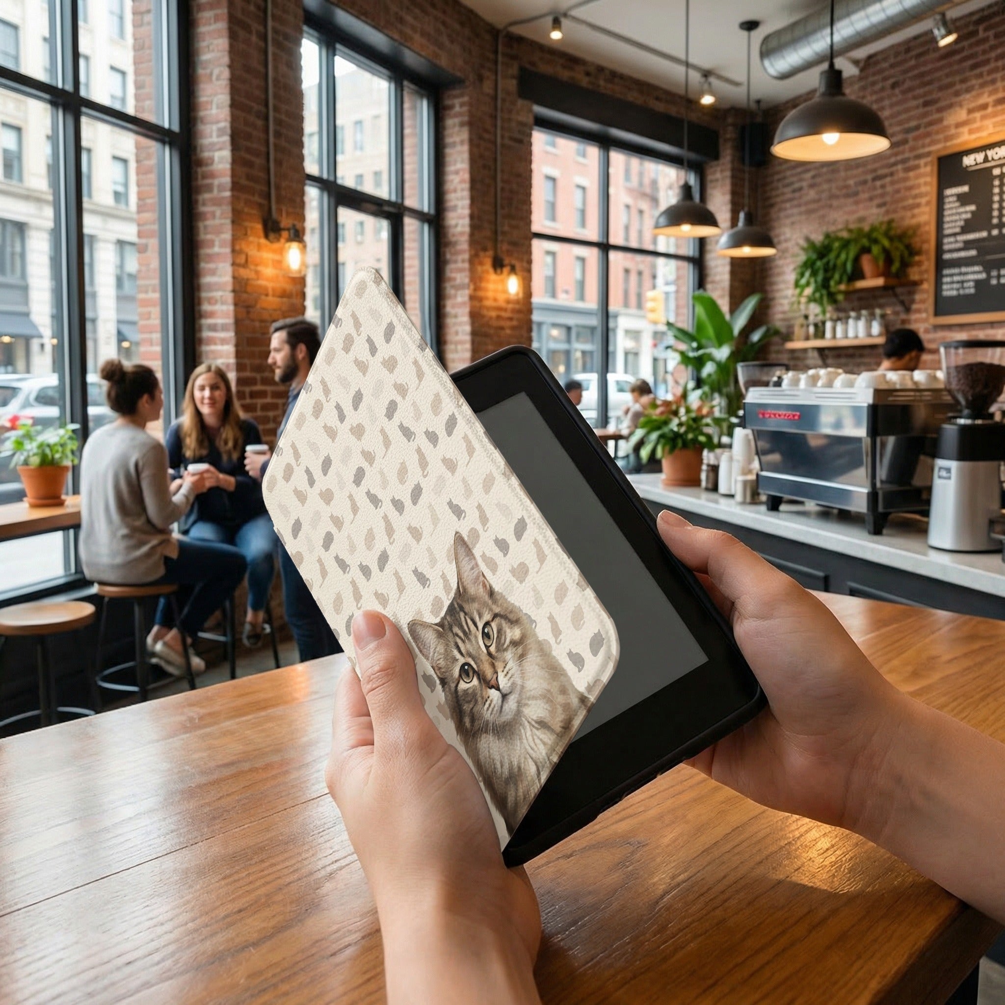 Custom Cat Portrait Kindle Case — Fluffy Tabby with Silhouette Pattern Gift