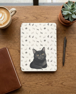 Custom Cat Portrait Kindle Case — Loafing Gray Cat with Yarn Ball Pattern