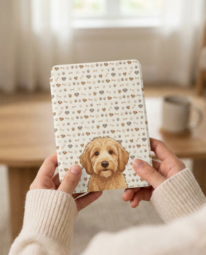 Custom Dog Portrait Kindle Case — Goldendoodle with Paw Print Pattern