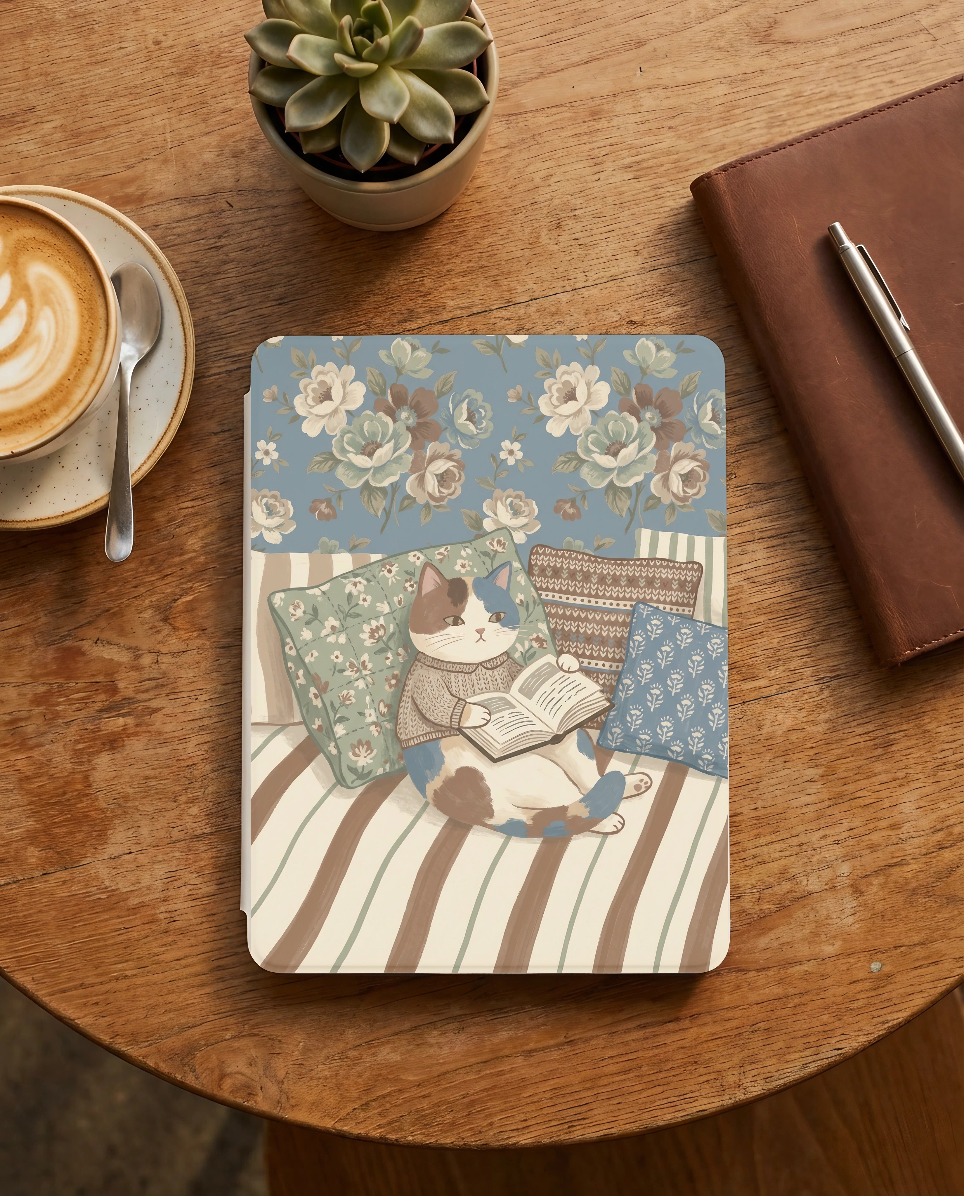 Floral Cat Reading Kindle Case — Cozy Gift for Cat Lovers