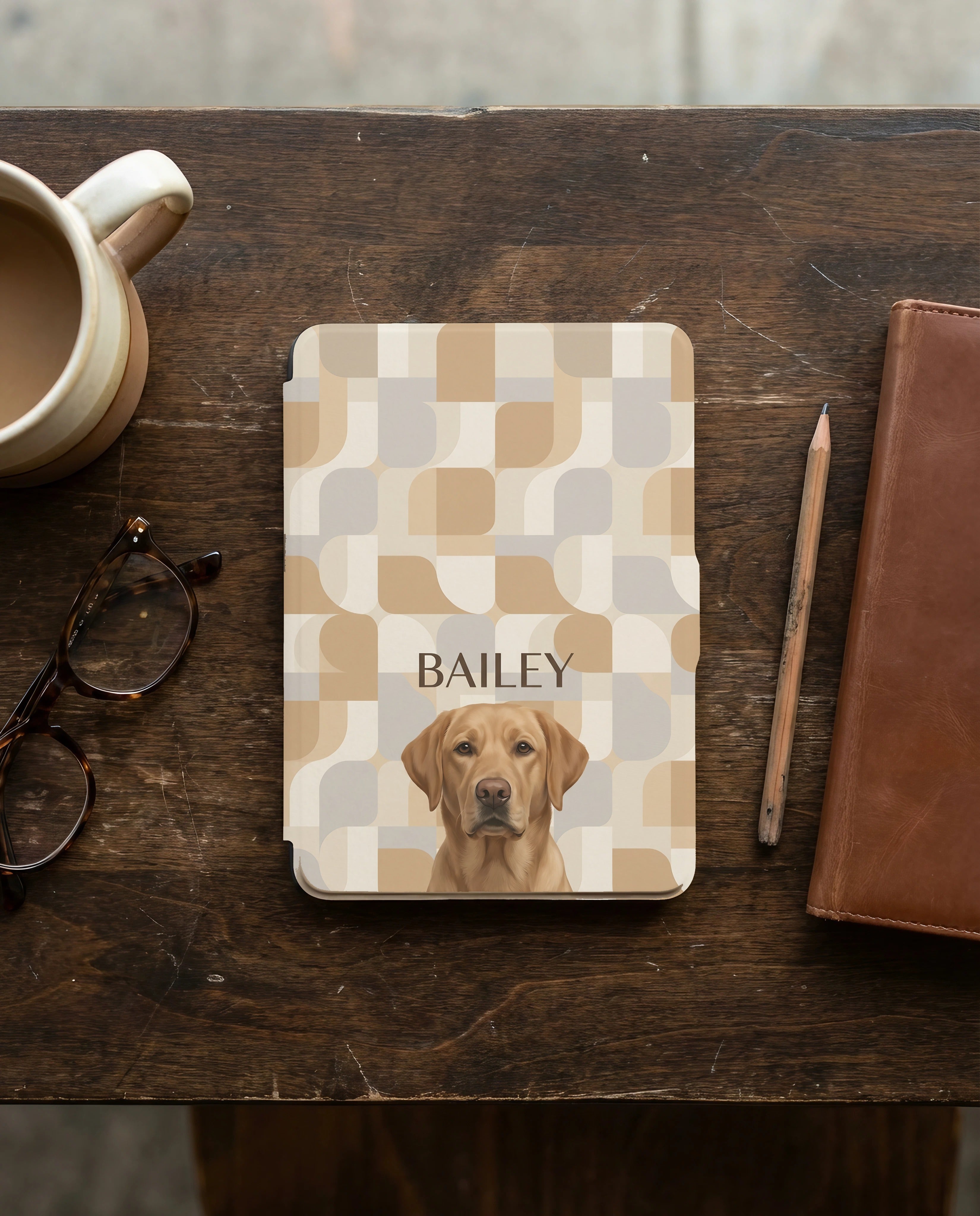 Custom Dog Portrait Kindle Paperwhite and Colorsoft Case — Retro Geometric Style