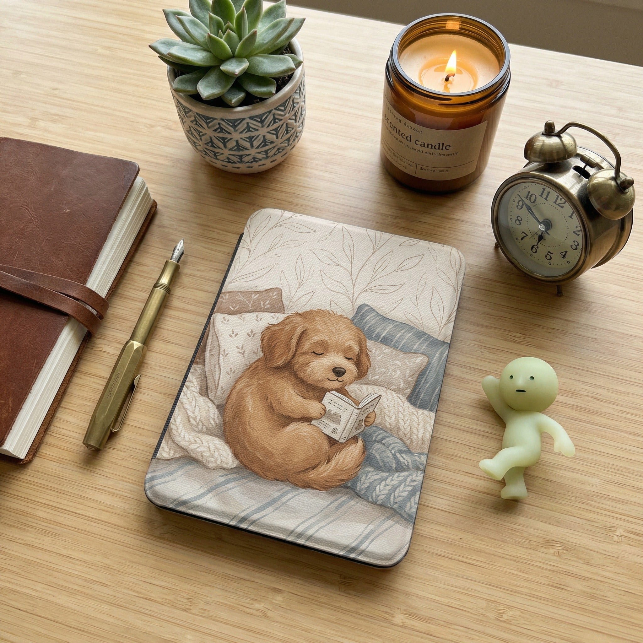 Cute Dog on Cozy Bedding Reading Kindle Paperwhite Case — Gift for Dog Lovers