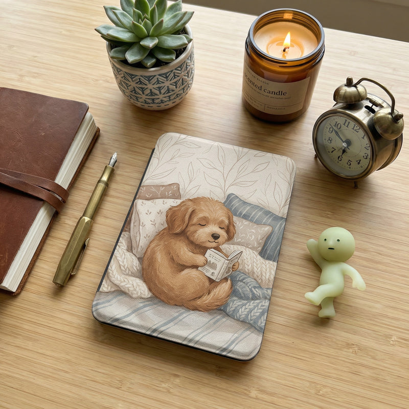 Cute Dog on Cozy Bedding Reading Kindle Paperwhite Case — Gift for Dog Lovers