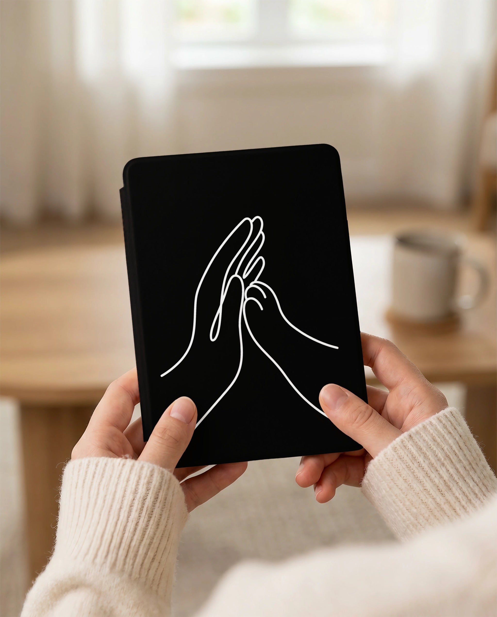 Human Cat Connection Kindle Case — Minimalist Palm to Paw Line Art Gift