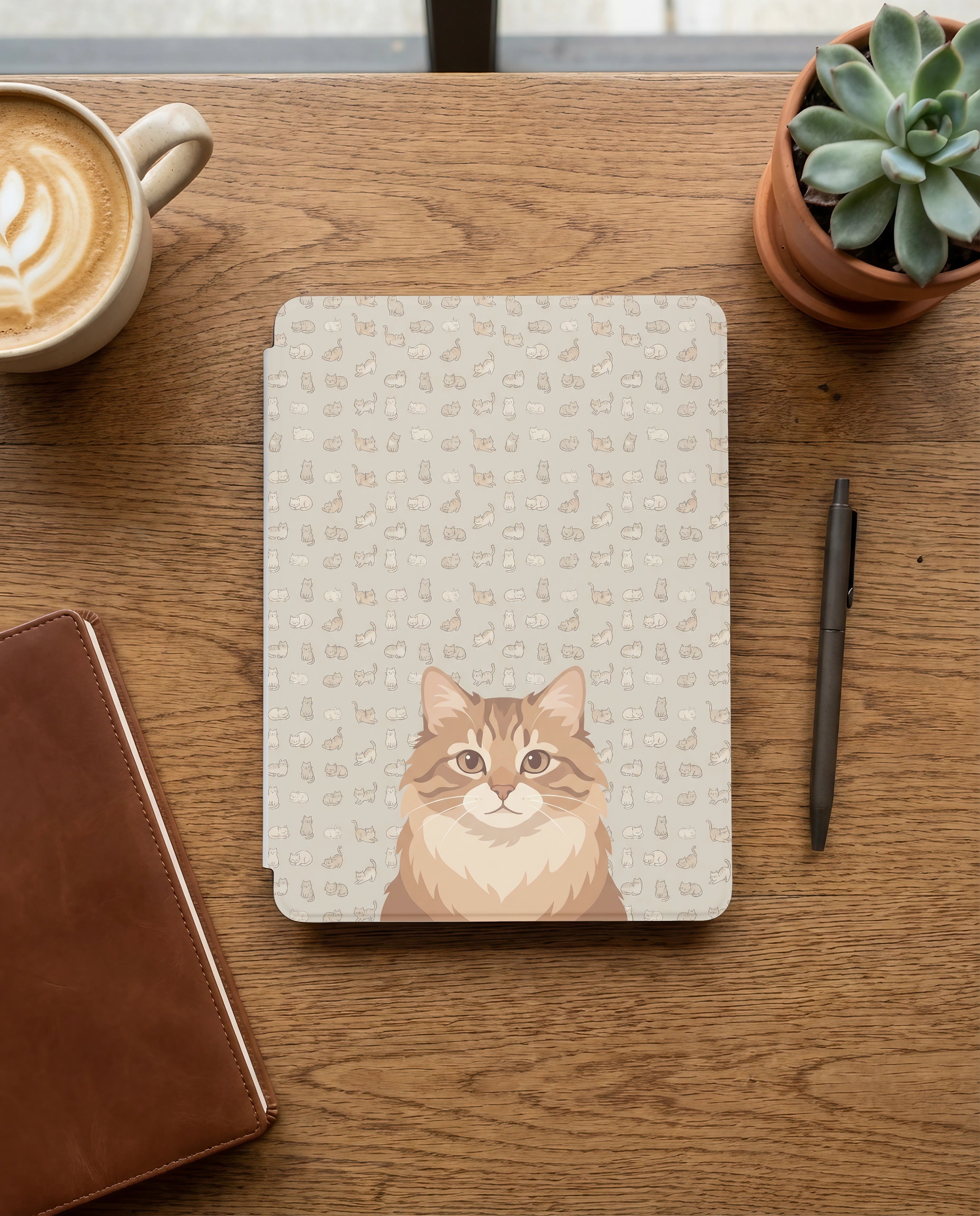 Custom Cat Portrait Kindle Case — Ginger Longhair with Playful Doodle Pattern Gift