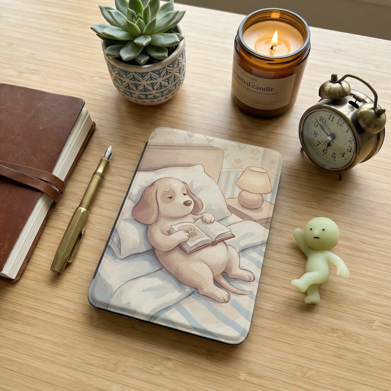 Cute Cartoon Dog Reading Kindle Colorsoft Case — Relaxing Gift for Dog Lovers
