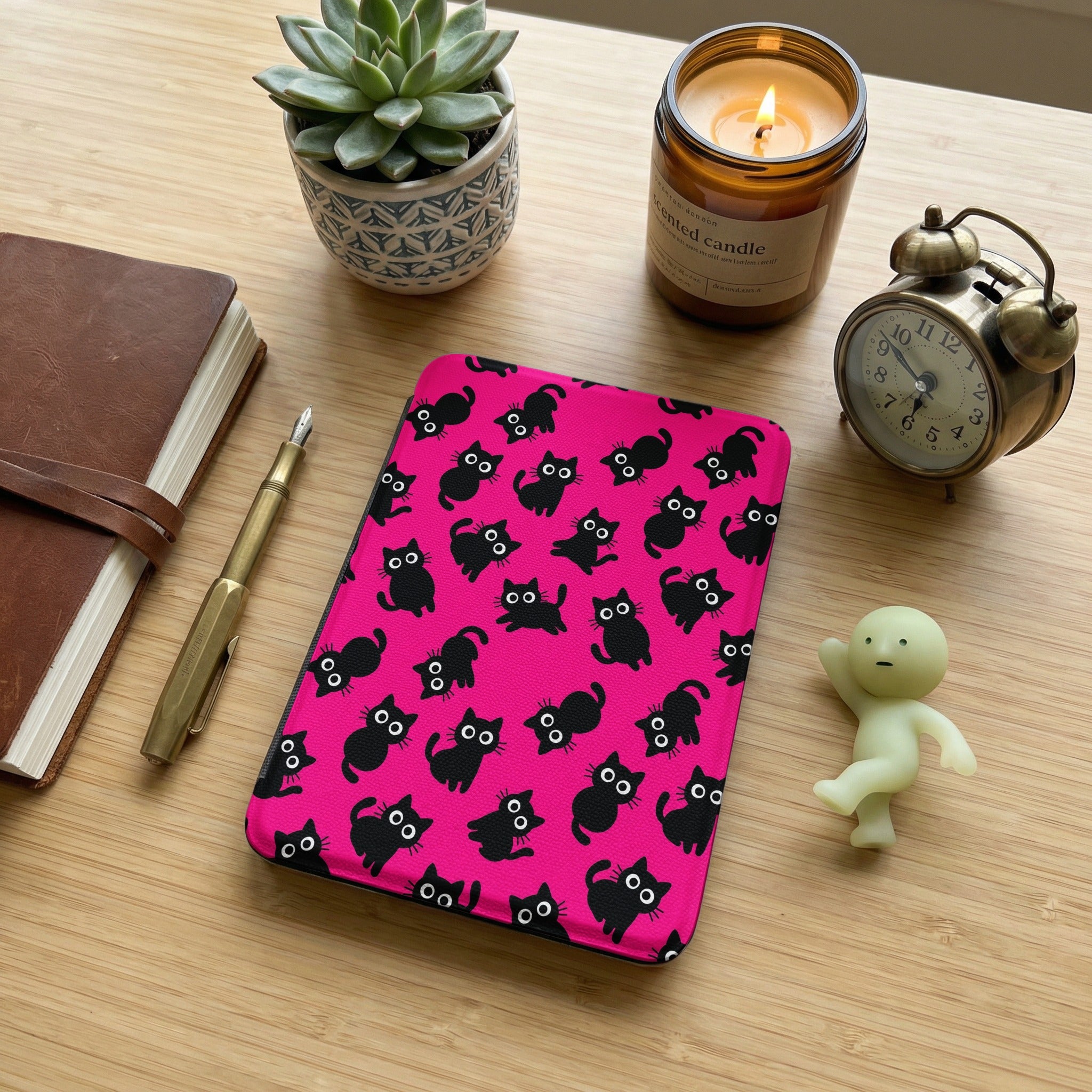 Hot Pink Black Cat Kindle Colorsoft Case — Kawaii Cat Lover Gift