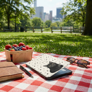 Custom Cat Portrait Kindle Case — Loafing Gray Cat with Yarn Ball Pattern