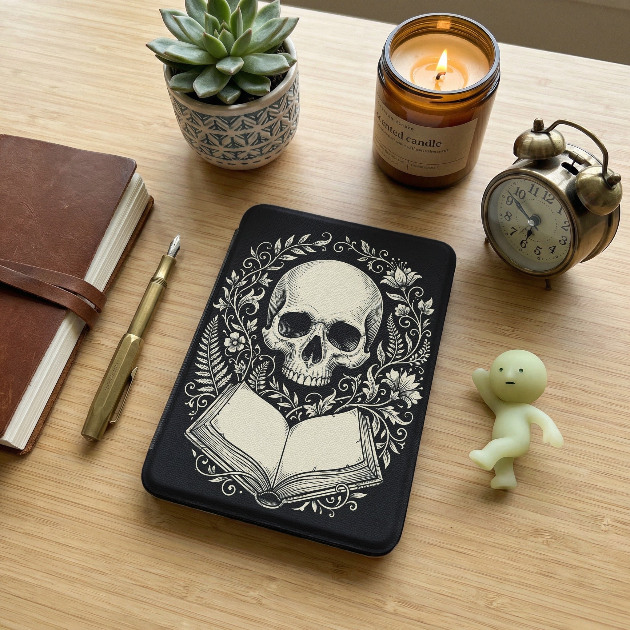 Skull and Open Book Kindle Case — Gothic Book Lover Gift