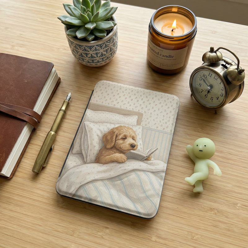 Cute Puppy in Cozy Room Reading Kindle Paperwhite Case — Dog Lover Gift