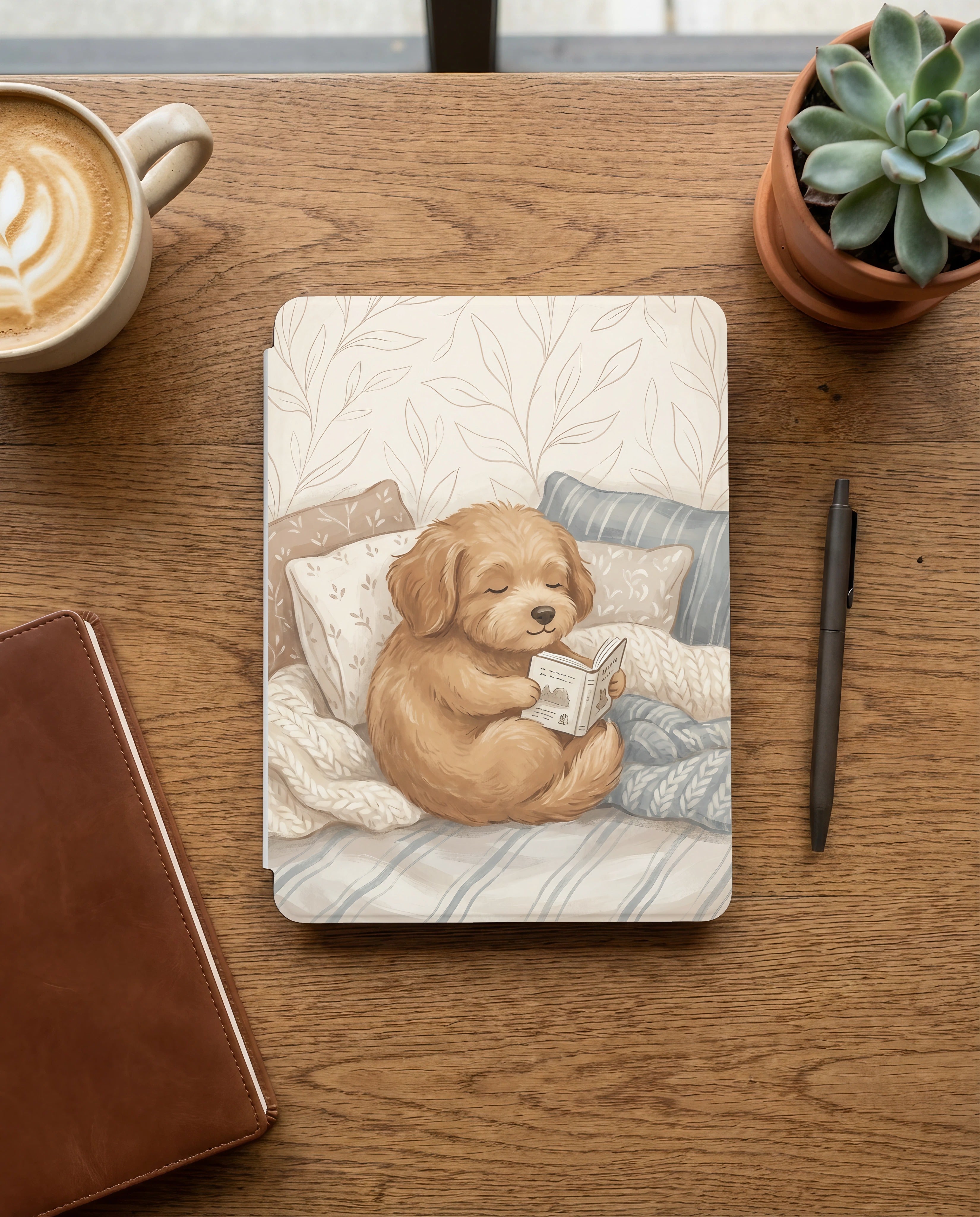 Cute Dog on Cozy Bedding Reading Kindle Paperwhite Case — Gift for Dog Lovers