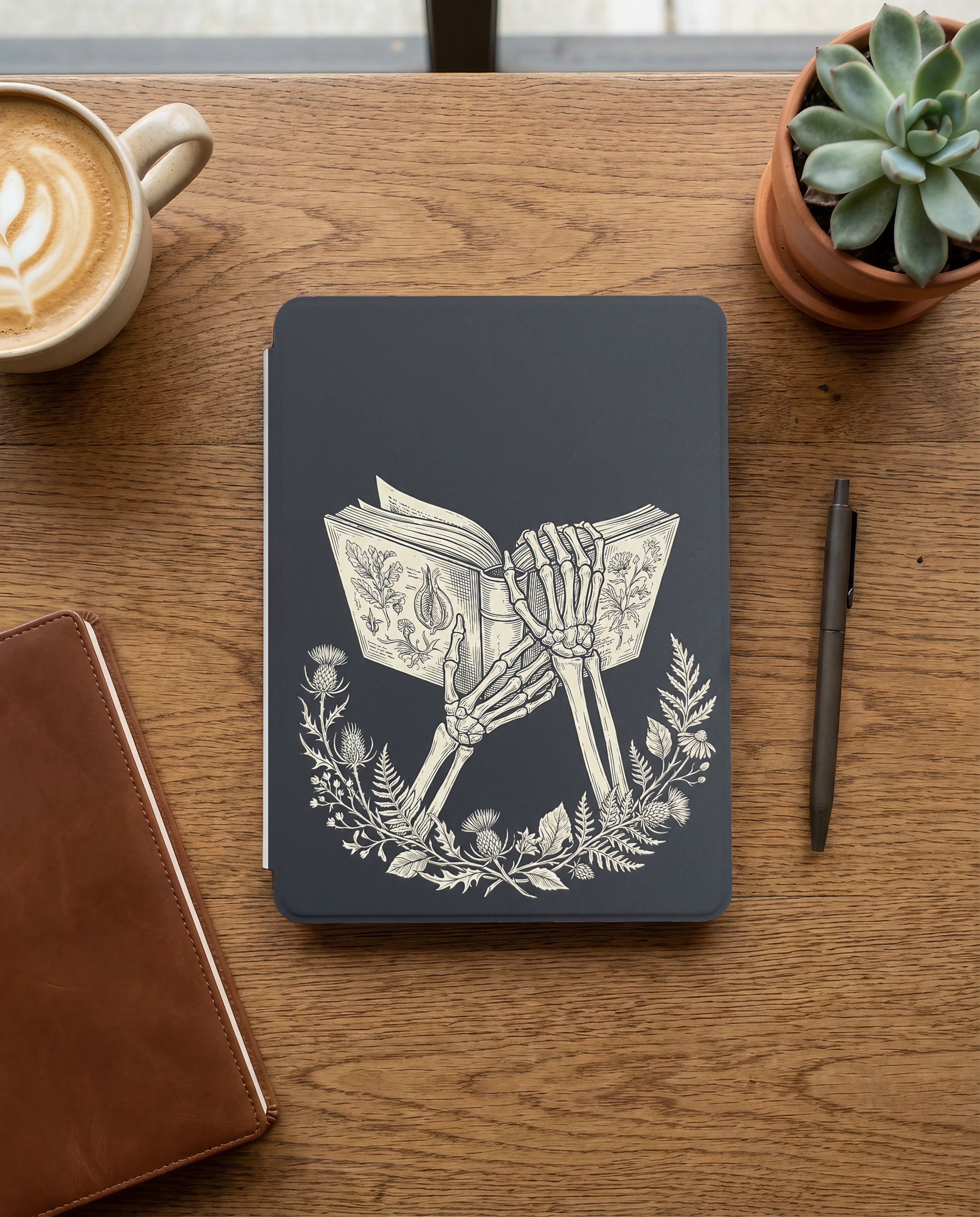 Skeleton Hands Holding Book Kindle Case — Gothic Book Lover Gift