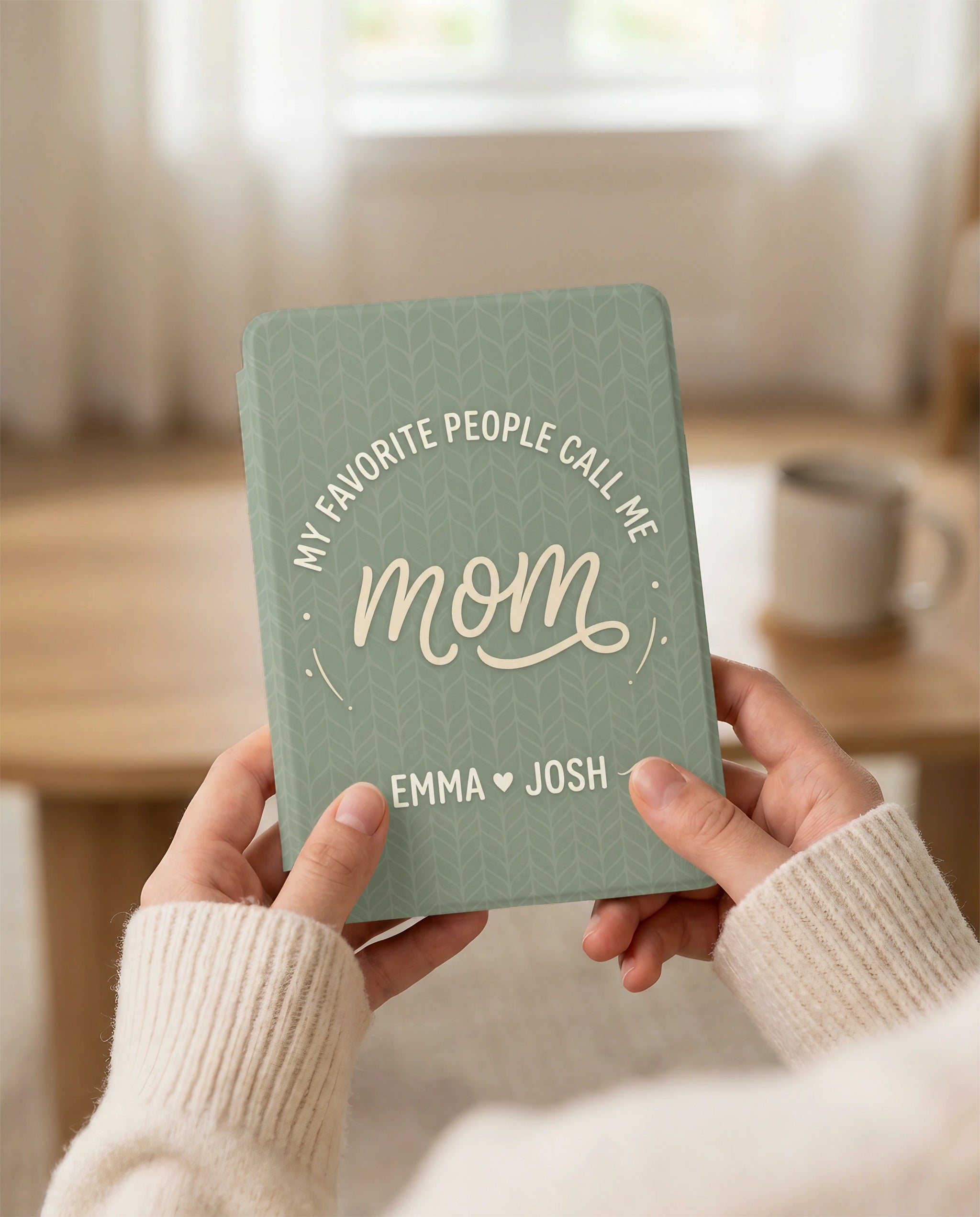 Personalized Mom Kindle Case — Sage Minimal Design with Kids Names Gift