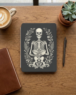 Seated Skeleton Full Body Kindle Case — Gothic Book Lover Gift