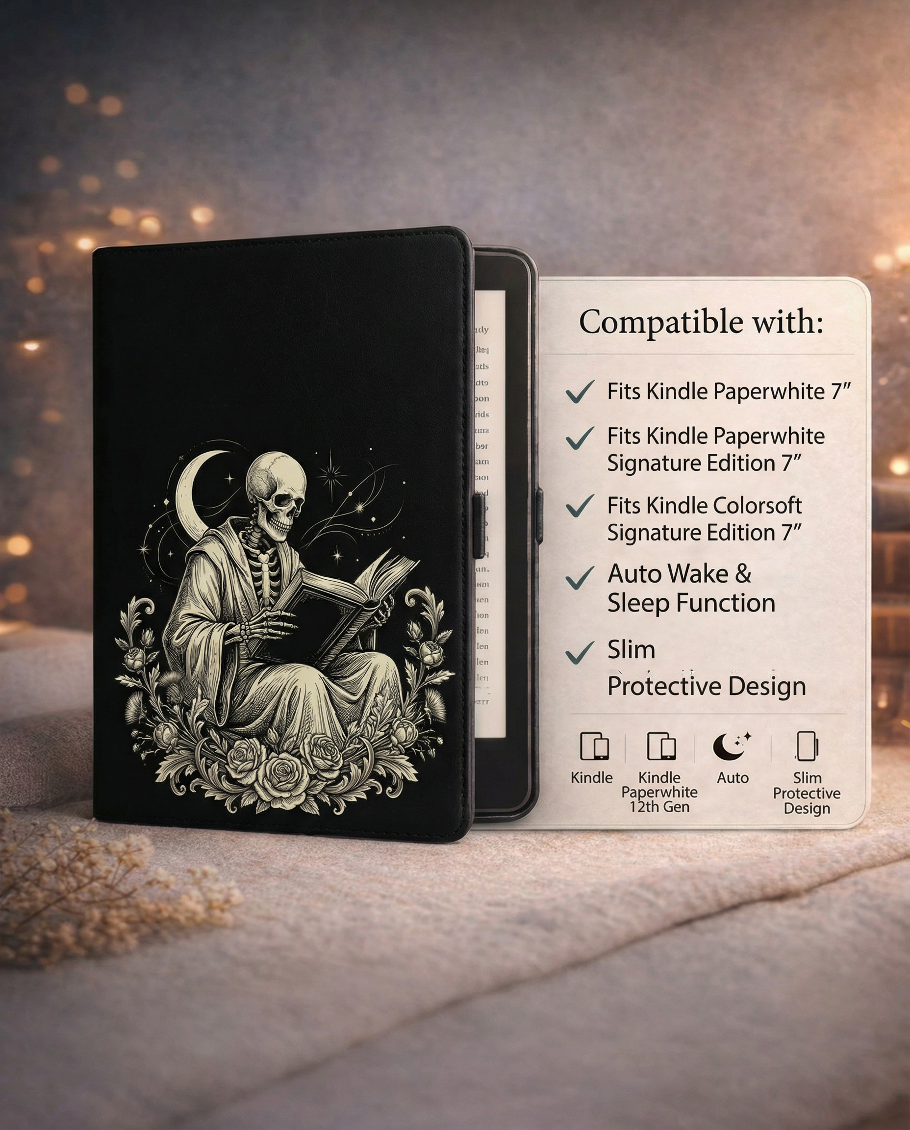 Robed Skeleton Reading Kindle Case — Gothic Book Lover Gift
