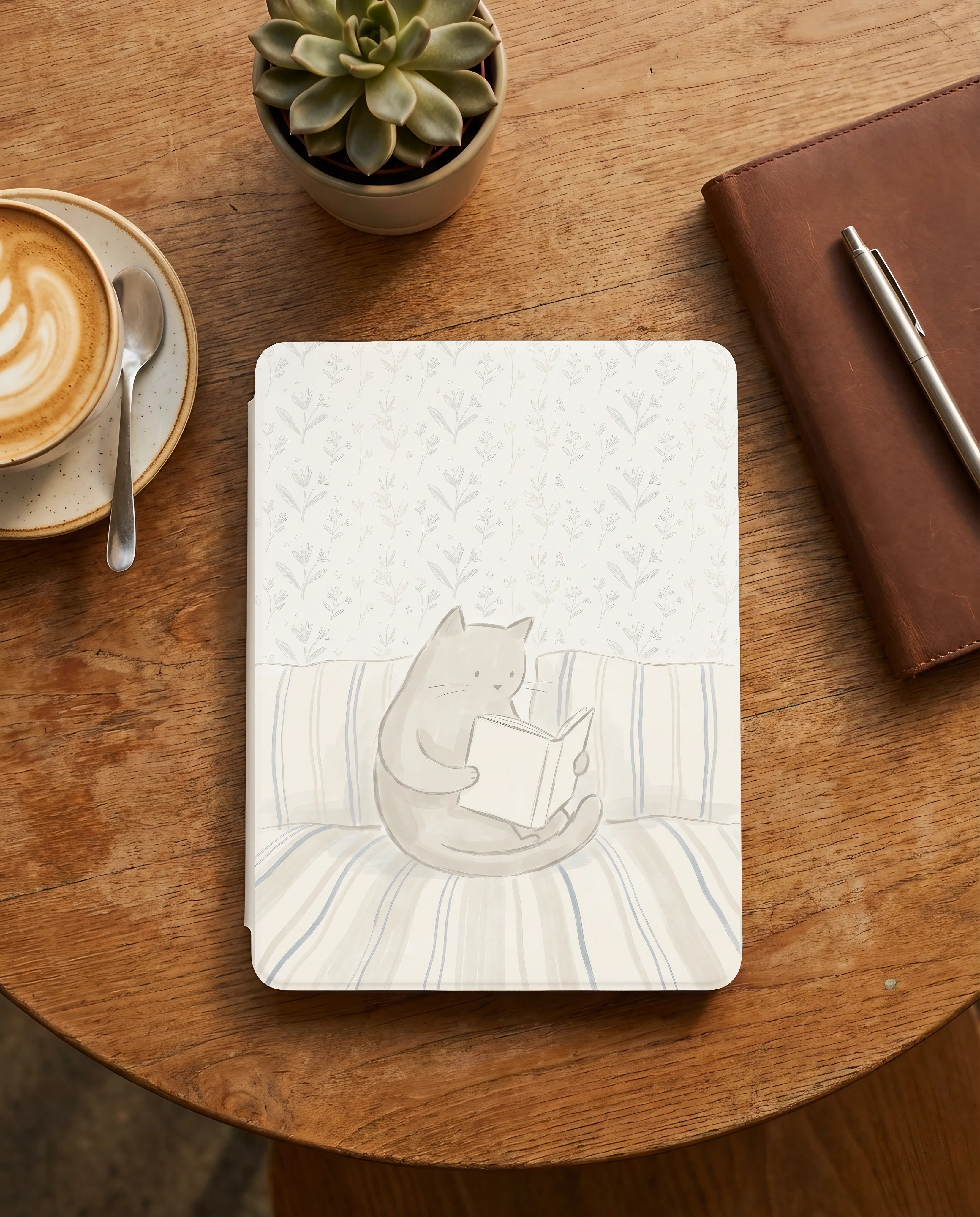 Gray Cat Reading Kindle Case — Cozy Gift for Cat Lovers