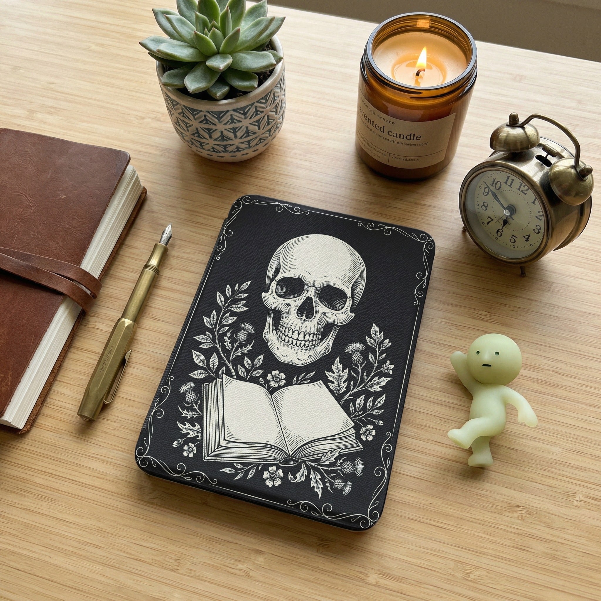 Skull and Book Bookplate Kindle Case — Gothic Book Lover Gift