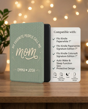 Personalized Mom Kindle Case — Sage Minimal Design with Kids Names Gift