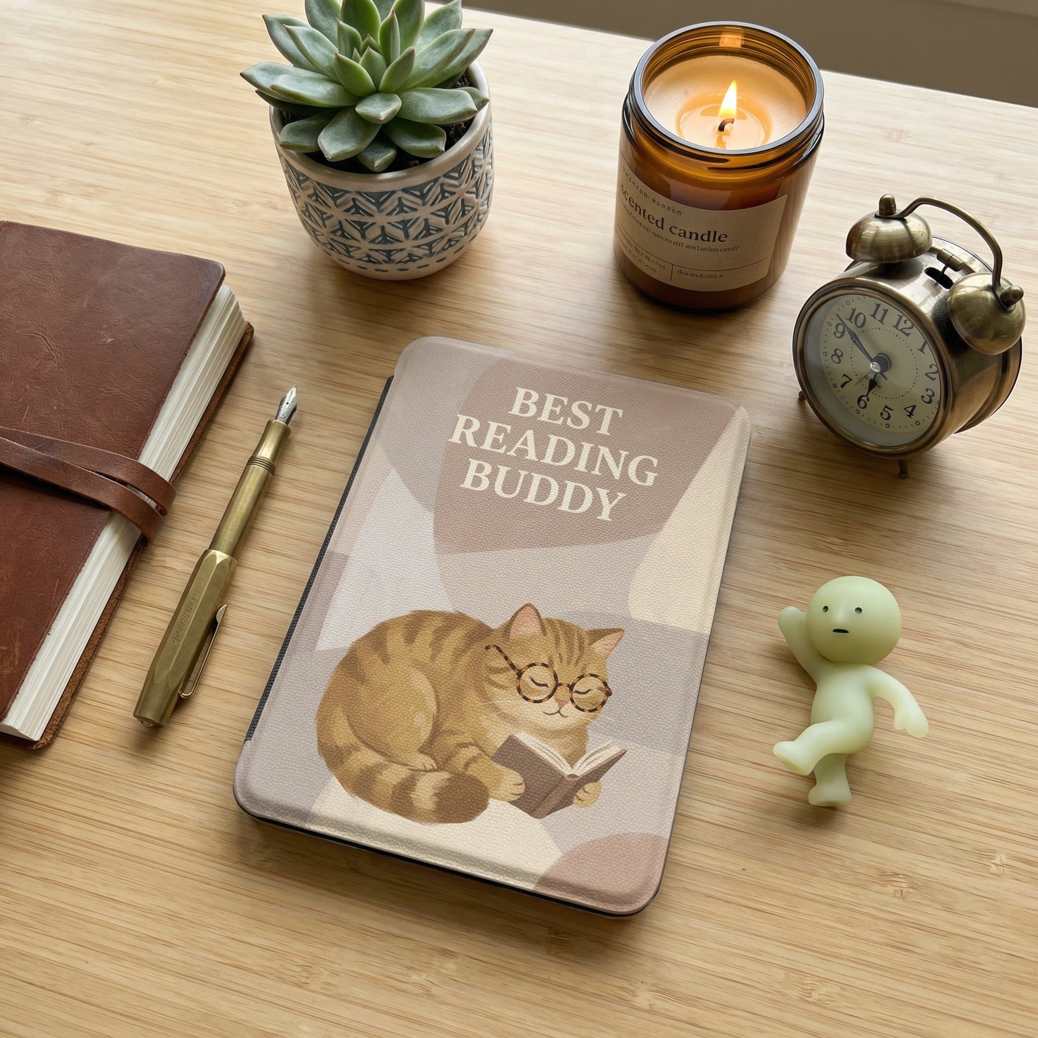 Best Reading Buddy Custom Cat Kindle 12th Gen Case — Cute Cat with Glasses Reading