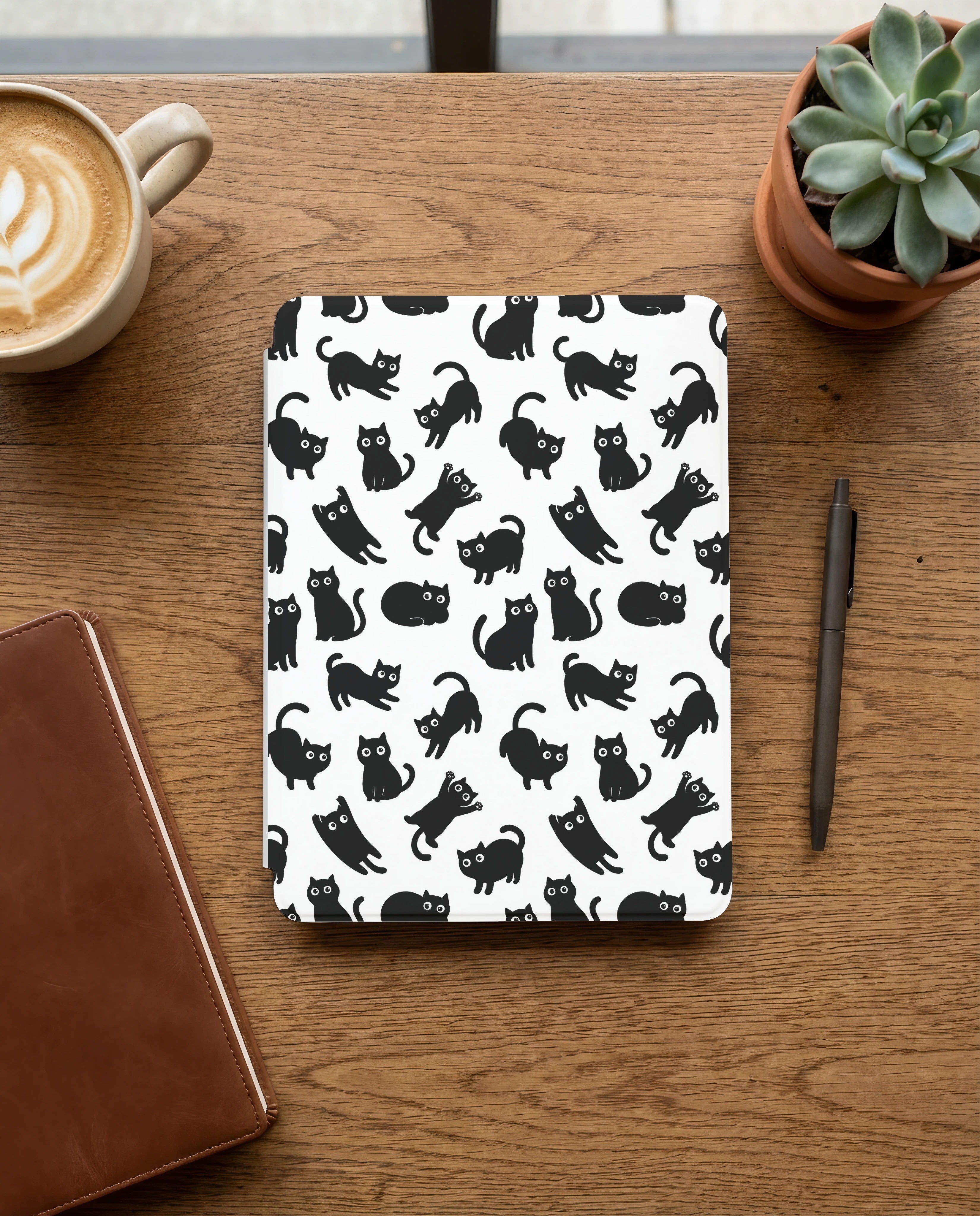Black Cat Pattern Kindle Paperwhite Case — Kawaii Chibi Cat Lover Gift