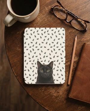 Custom Black Cat Portrait Kindle Case — Scattered Silhouette Pattern