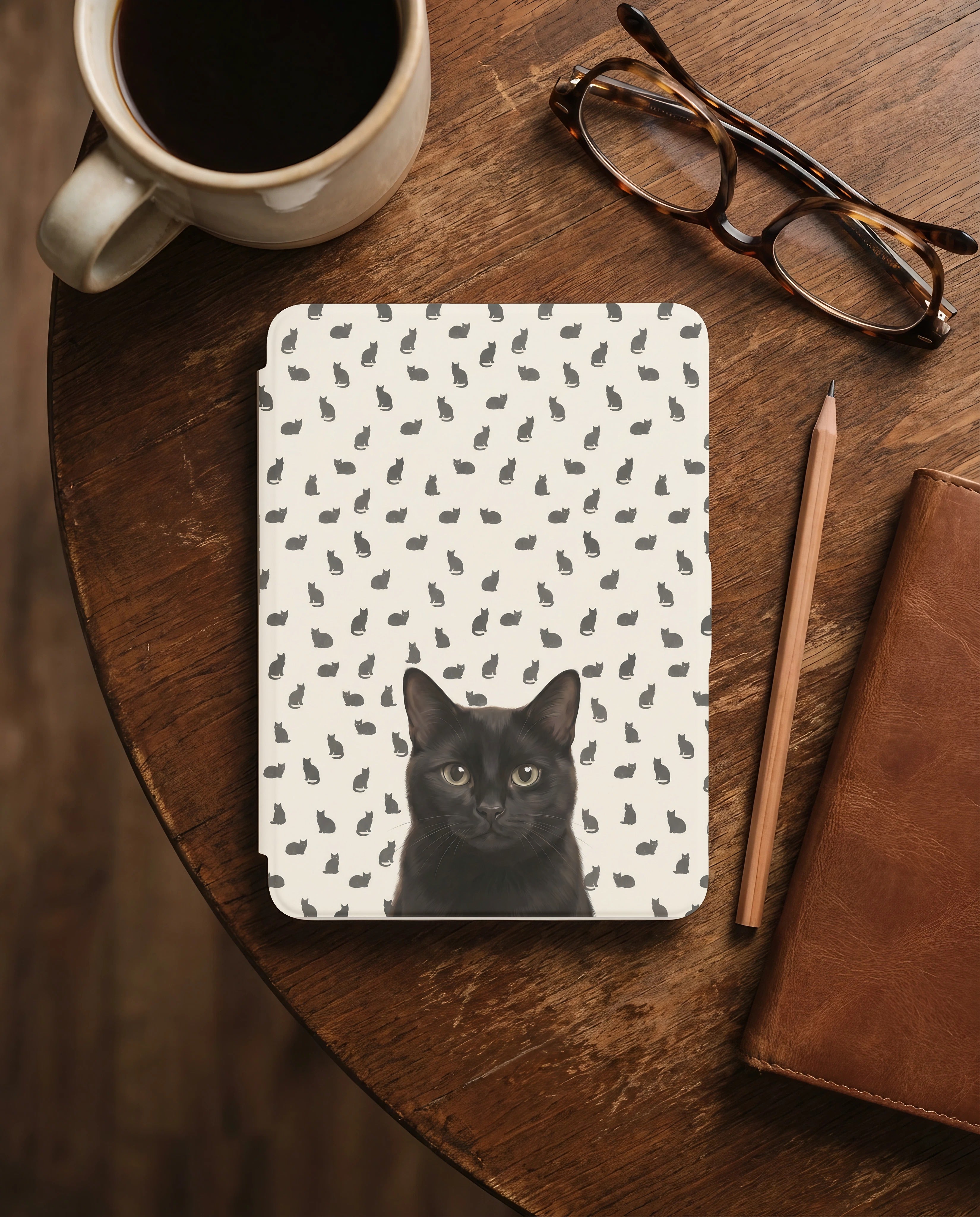 Custom Black Cat Portrait Kindle Case — Scattered Silhouette Pattern