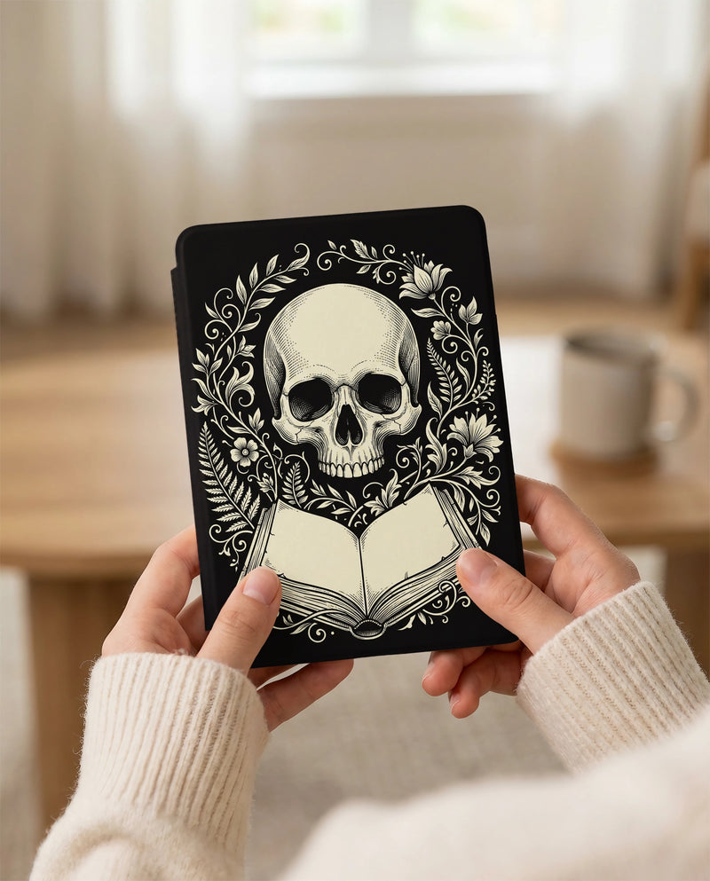 Skull and Open Book Kindle Case — Gothic Book Lover Gift