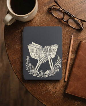 Skeleton Hands Holding Book Kindle Case — Gothic Book Lover Gift