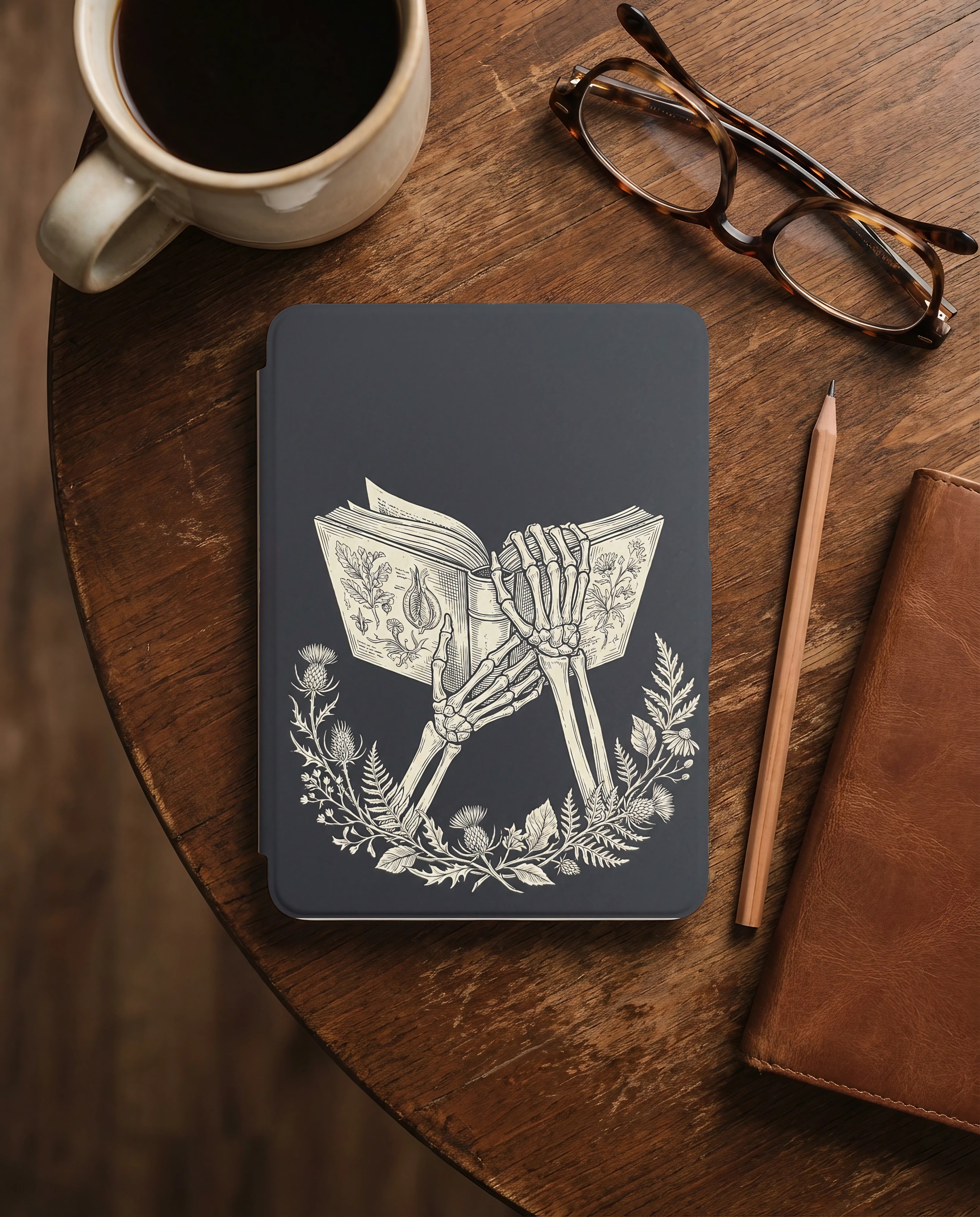 Skeleton Hands Holding Book Kindle Case — Gothic Book Lover Gift