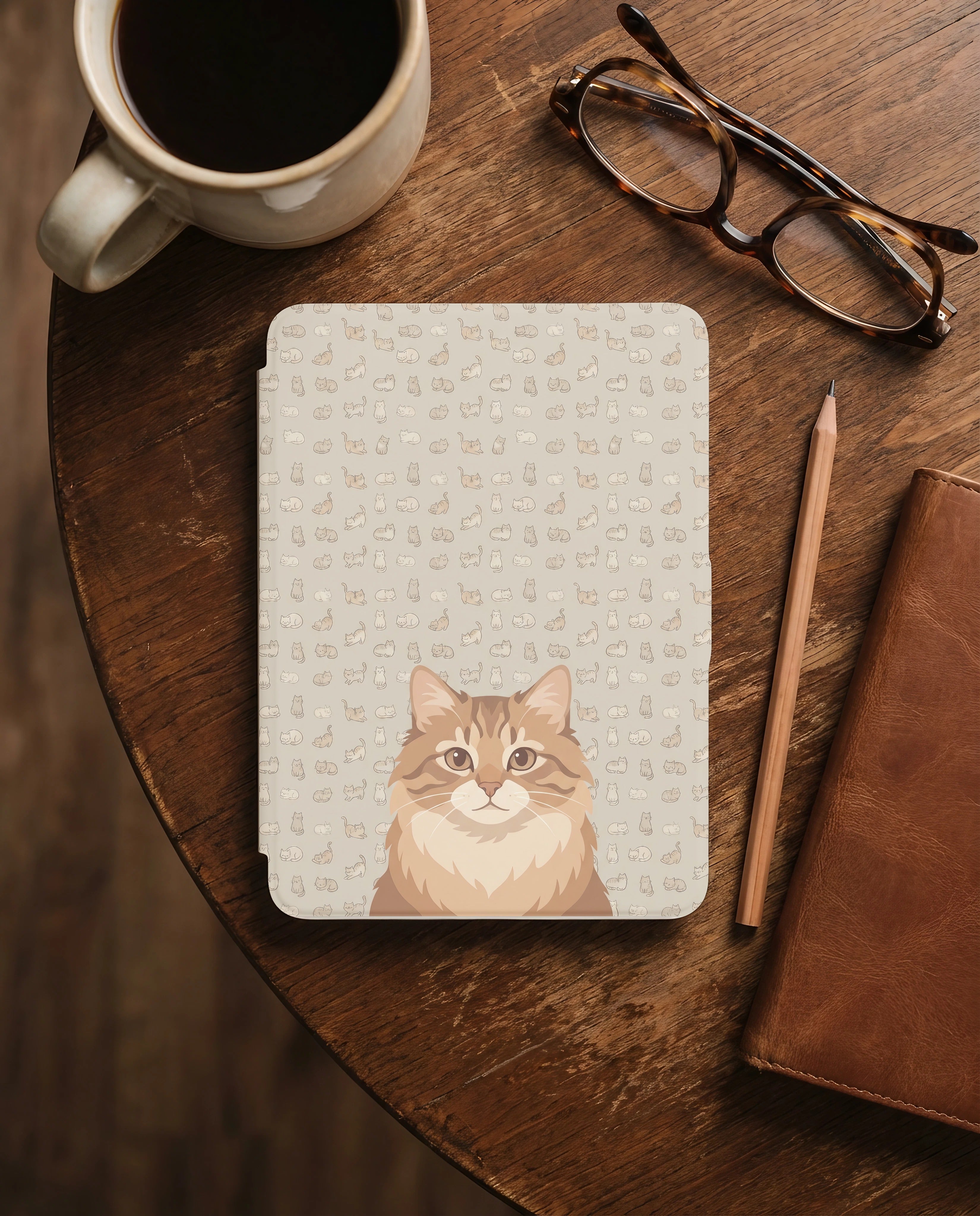 Custom Cat Portrait Kindle Case — Ginger Longhair with Playful Doodle Pattern Gift