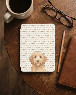 Custom Dog Portrait Kindle Case — Goldendoodle with Paw Print Pattern