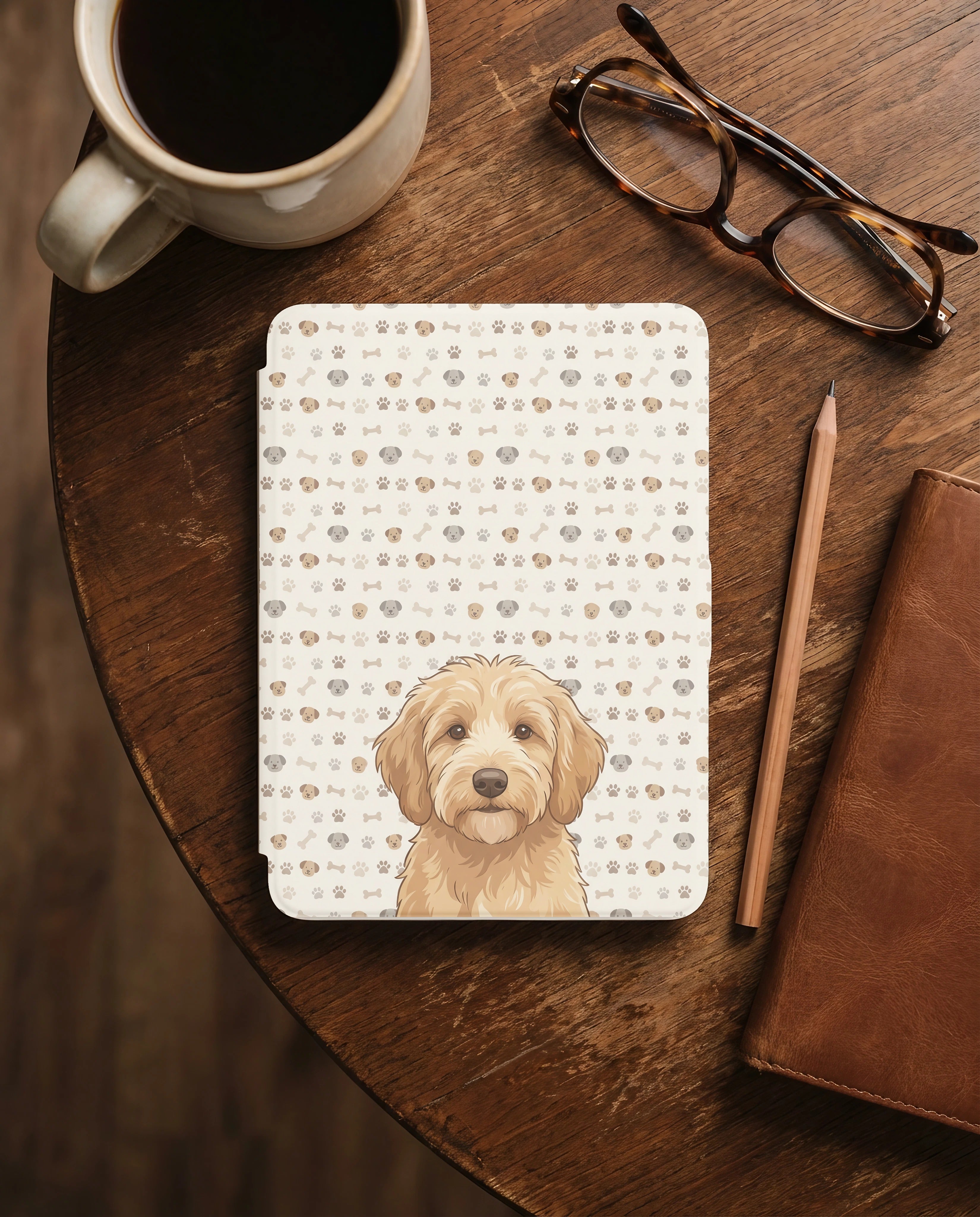 Custom Dog Portrait Kindle Case — Goldendoodle with Paw Print Pattern