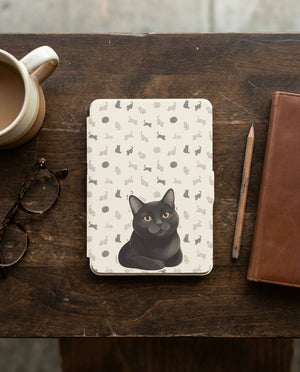 Custom Cat Portrait Kindle Case — Loafing Gray Cat with Yarn Ball Pattern