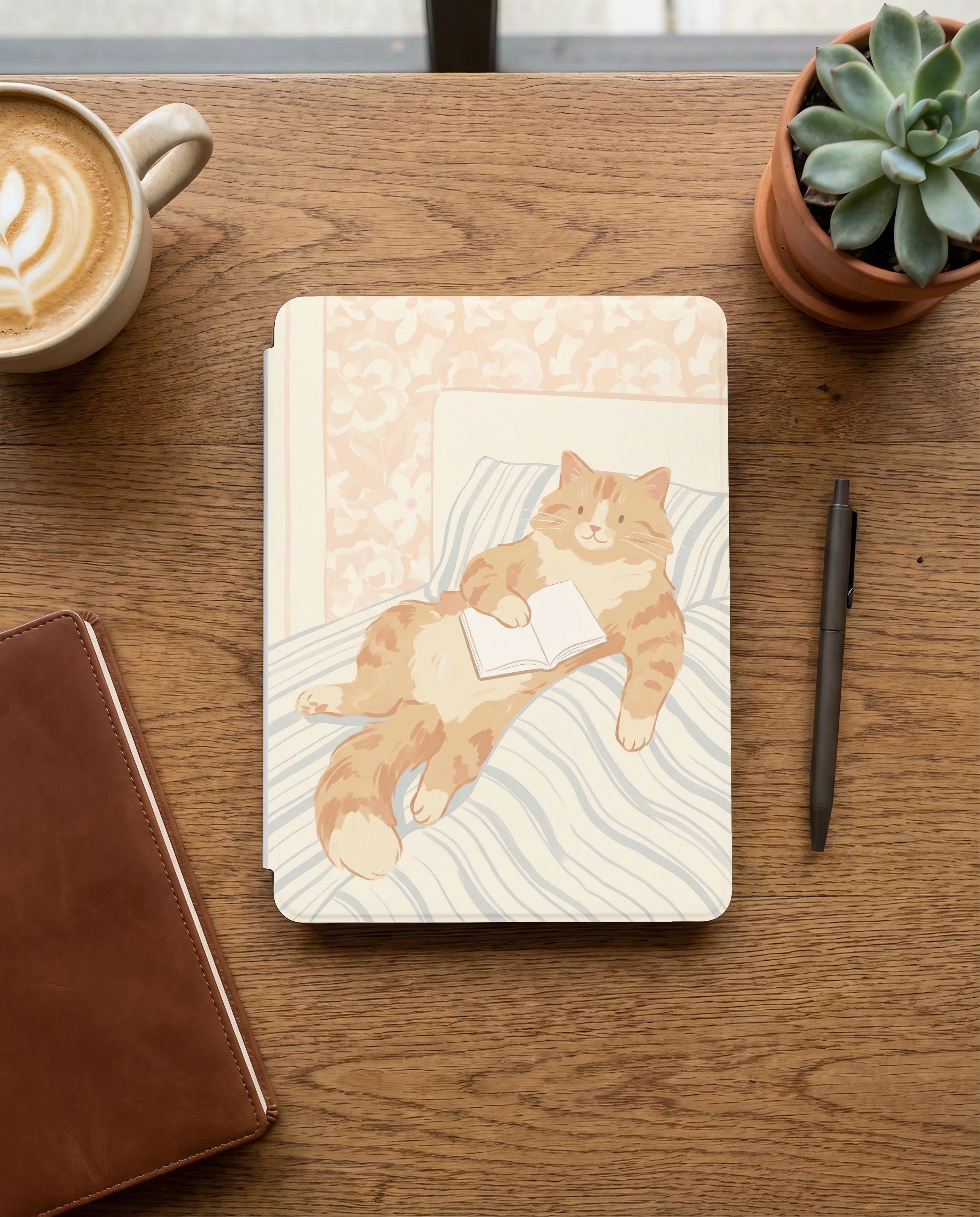 Cute Orange Cat Reading Kindle Case — Gift for Cat Lovers