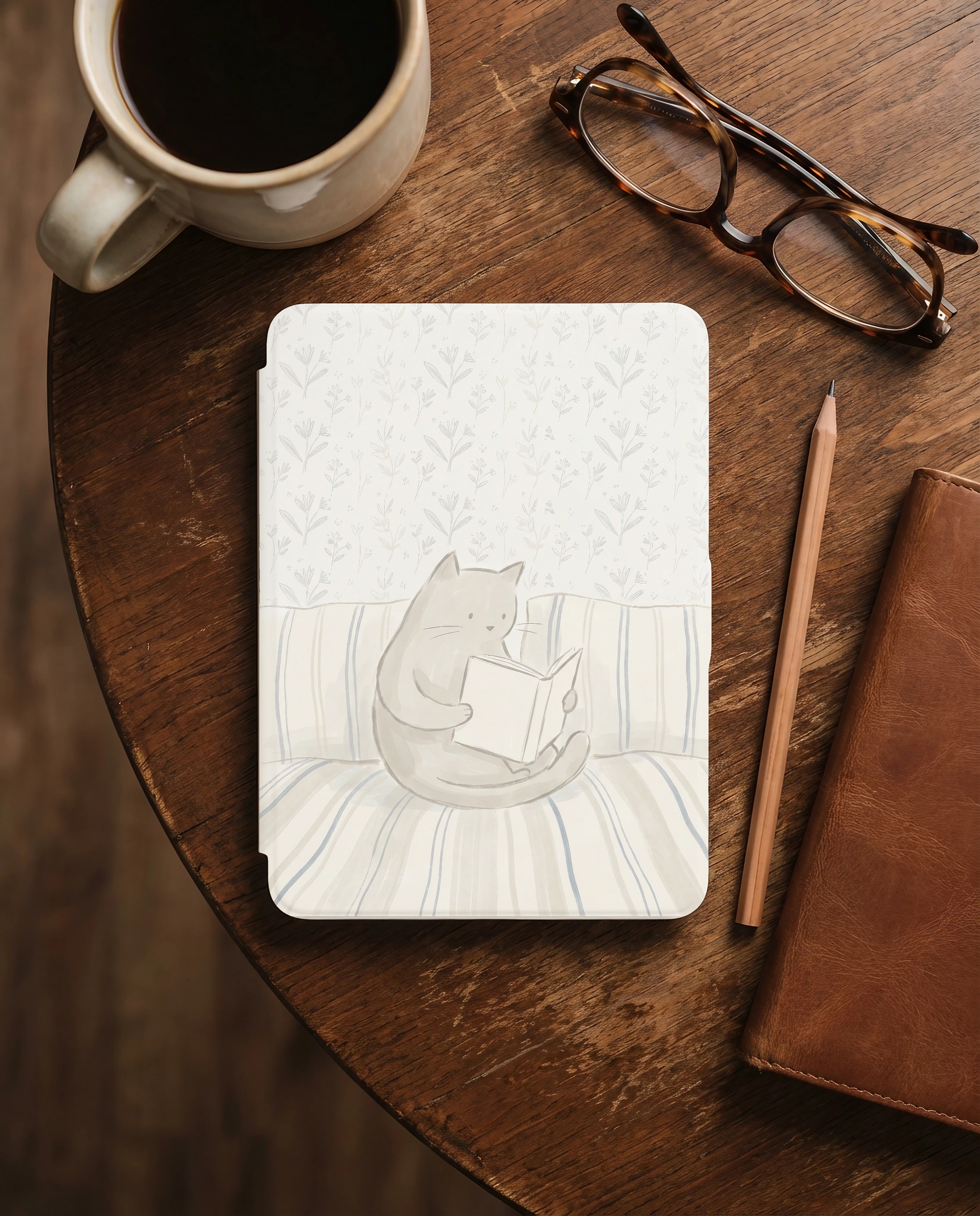 Gray Cat Reading Kindle Case — Cozy Gift for Cat Lovers