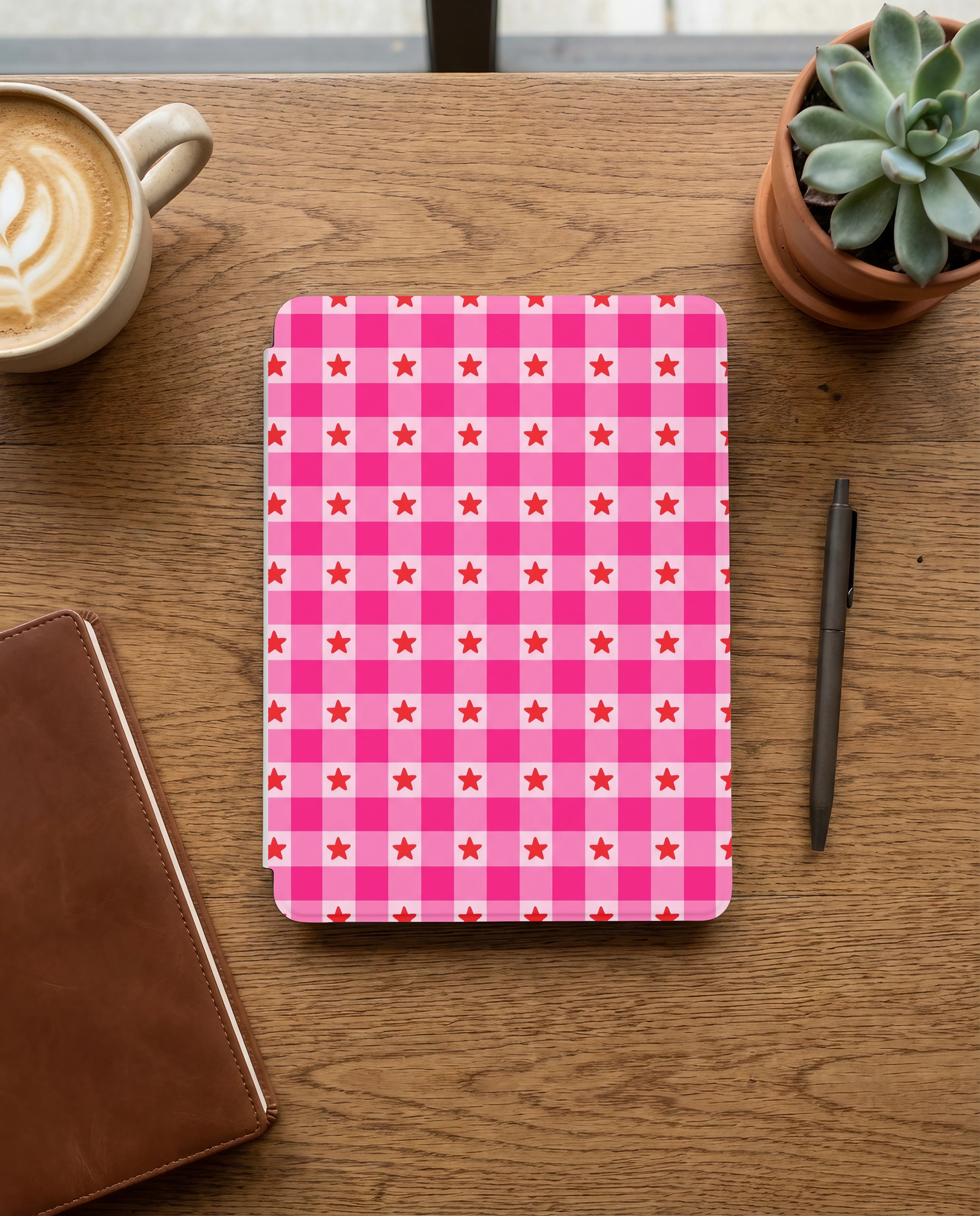 Pink Gingham Star Kindle Paperwhite Case — Preppy Cottagecore Gift
