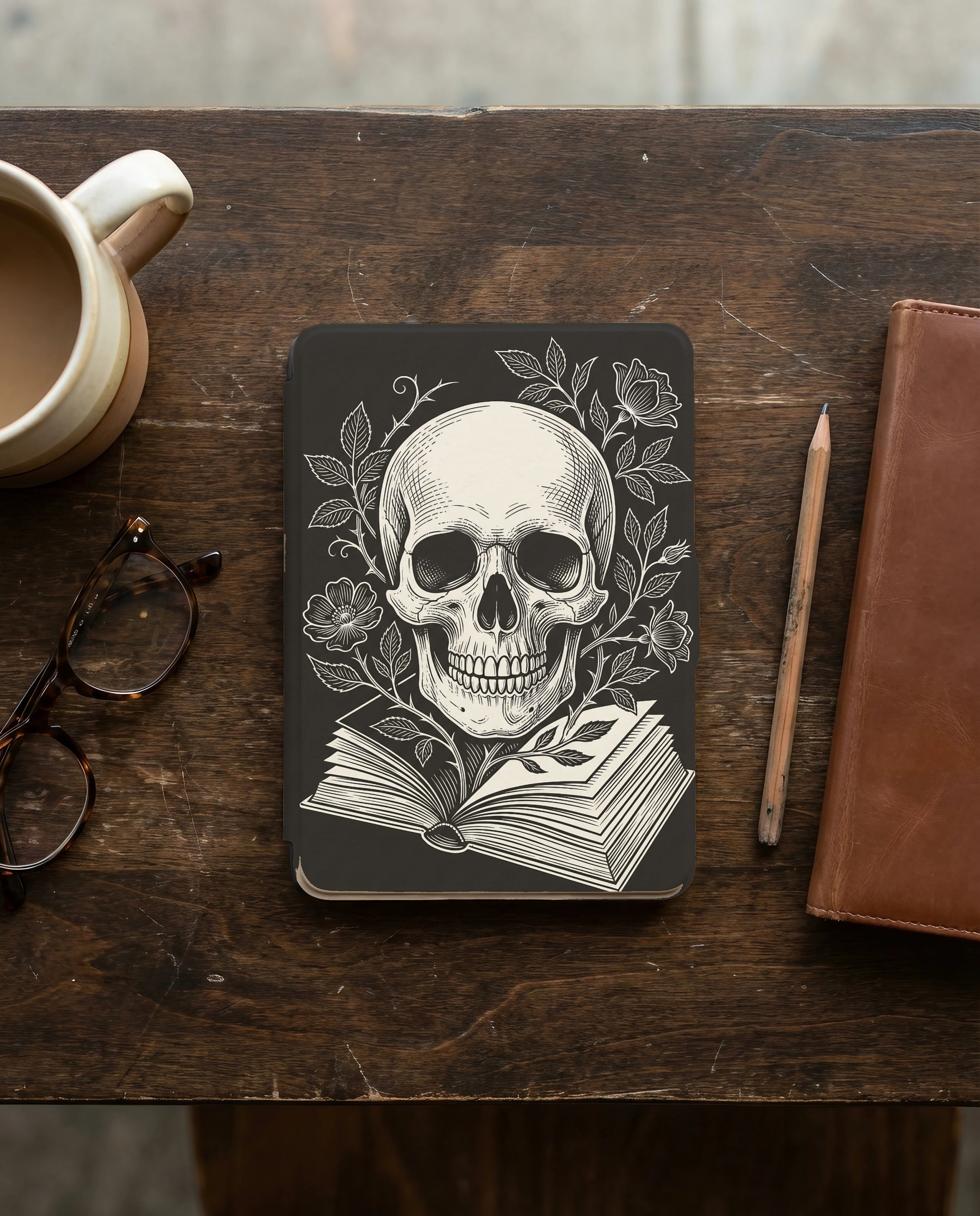 Large Skull on Book Kindle Case — Gothic Book Lover Gift