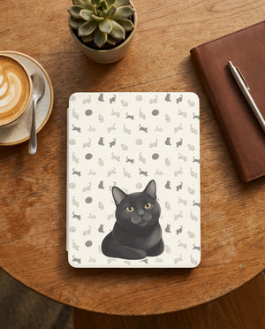Custom Cat Portrait Kindle Case — Loafing Gray Cat with Yarn Ball Pattern