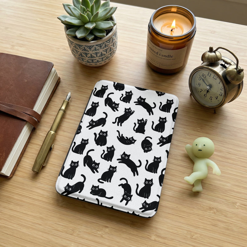 Black Cat Pattern Kindle Paperwhite Case — Playful Cat Lover Gift