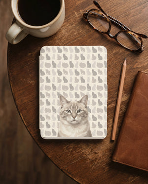 Custom Cat Portrait Kindle Case — Light Tabby with Tonal Silhouette Grid