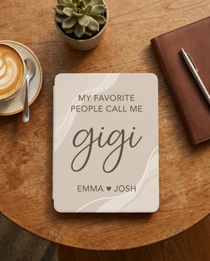 Personalized Gigi Kindle Case — Minimal Beige Design with Grandkids Names Gift