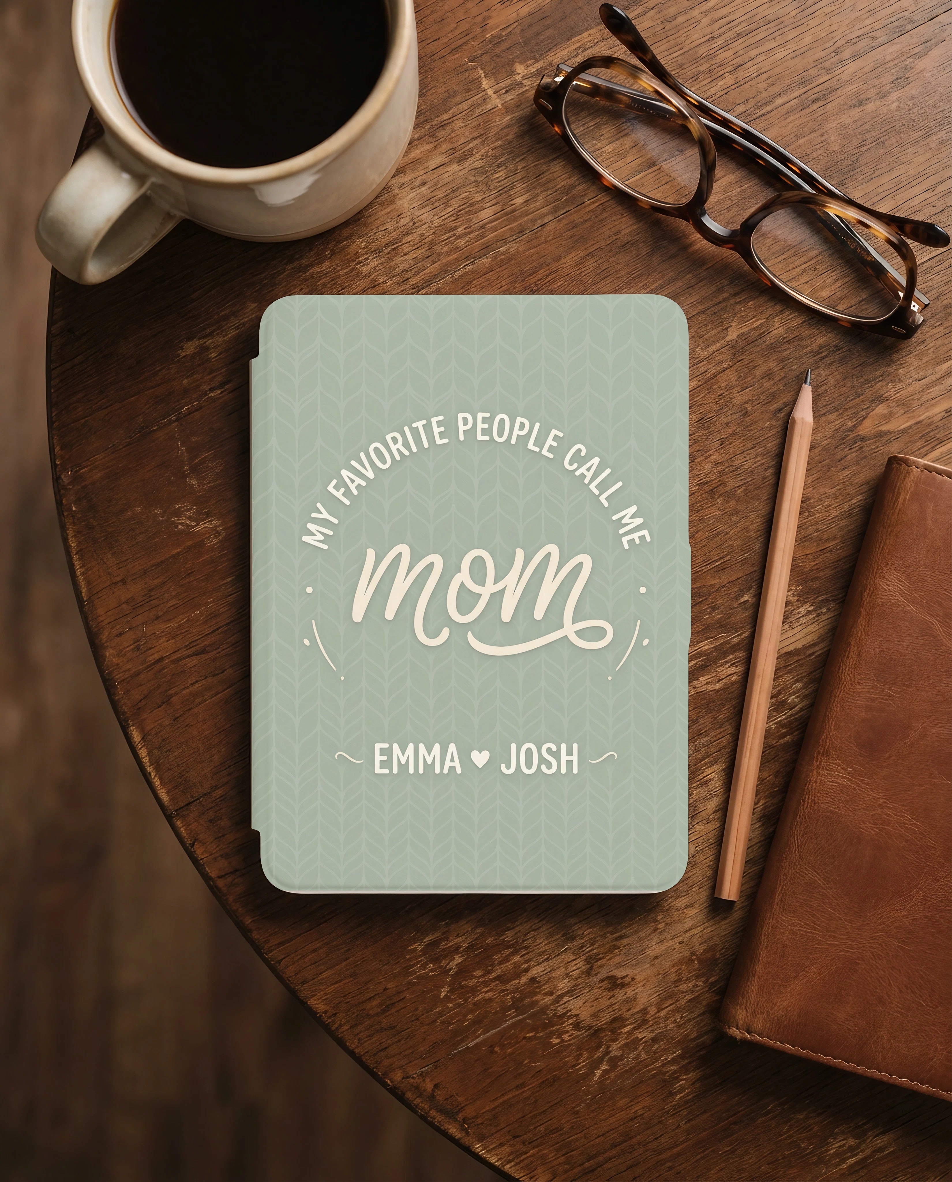 Personalized Mom Kindle Case — Sage Minimal Design with Kids Names Gift
