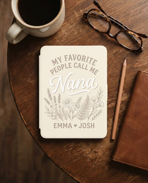 Personalized Nana Kindle Case — Cream Floral Design with Grandkids Names Gift