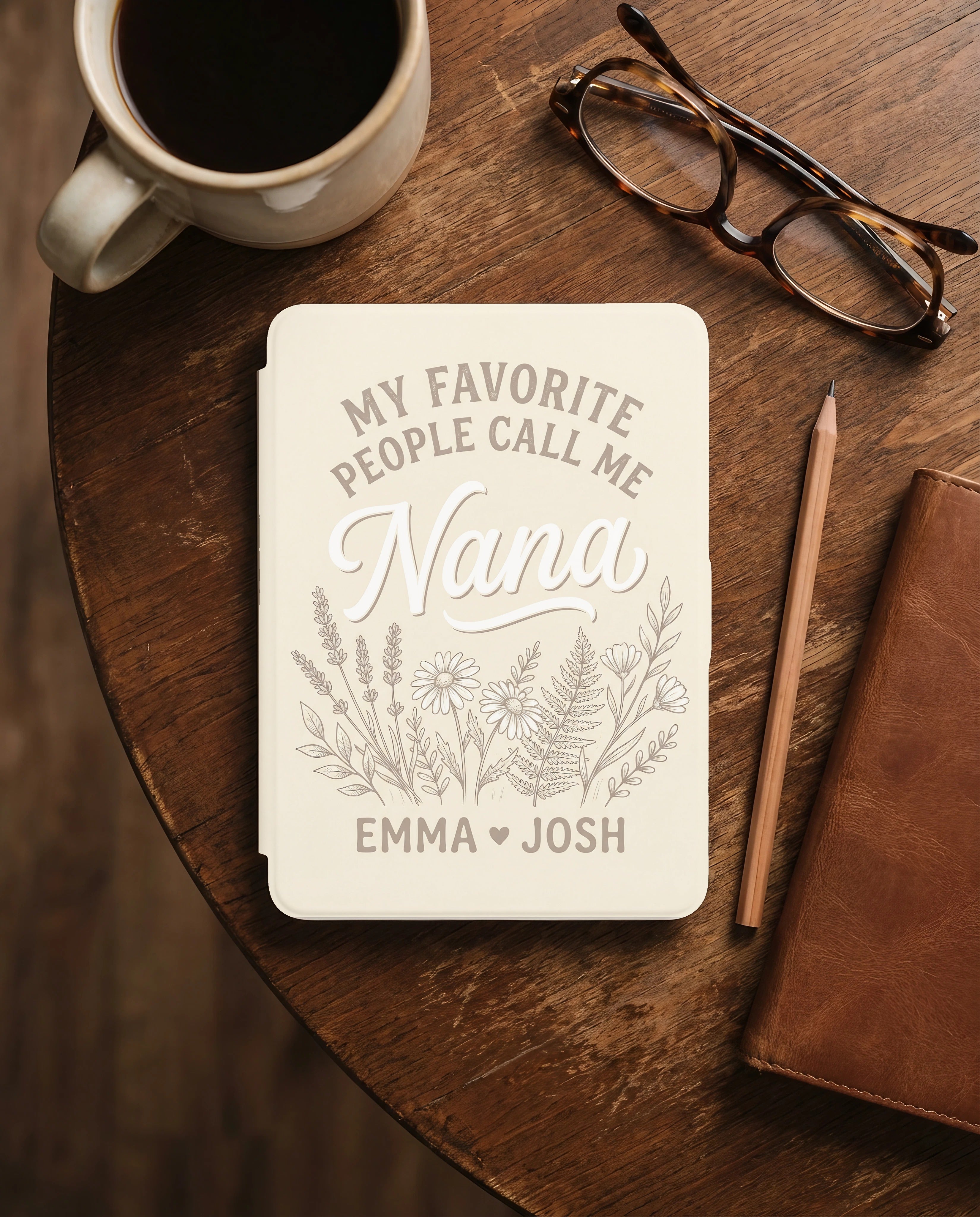 Personalized Nana Kindle Case — Cream Floral Design with Grandkids Names Gift