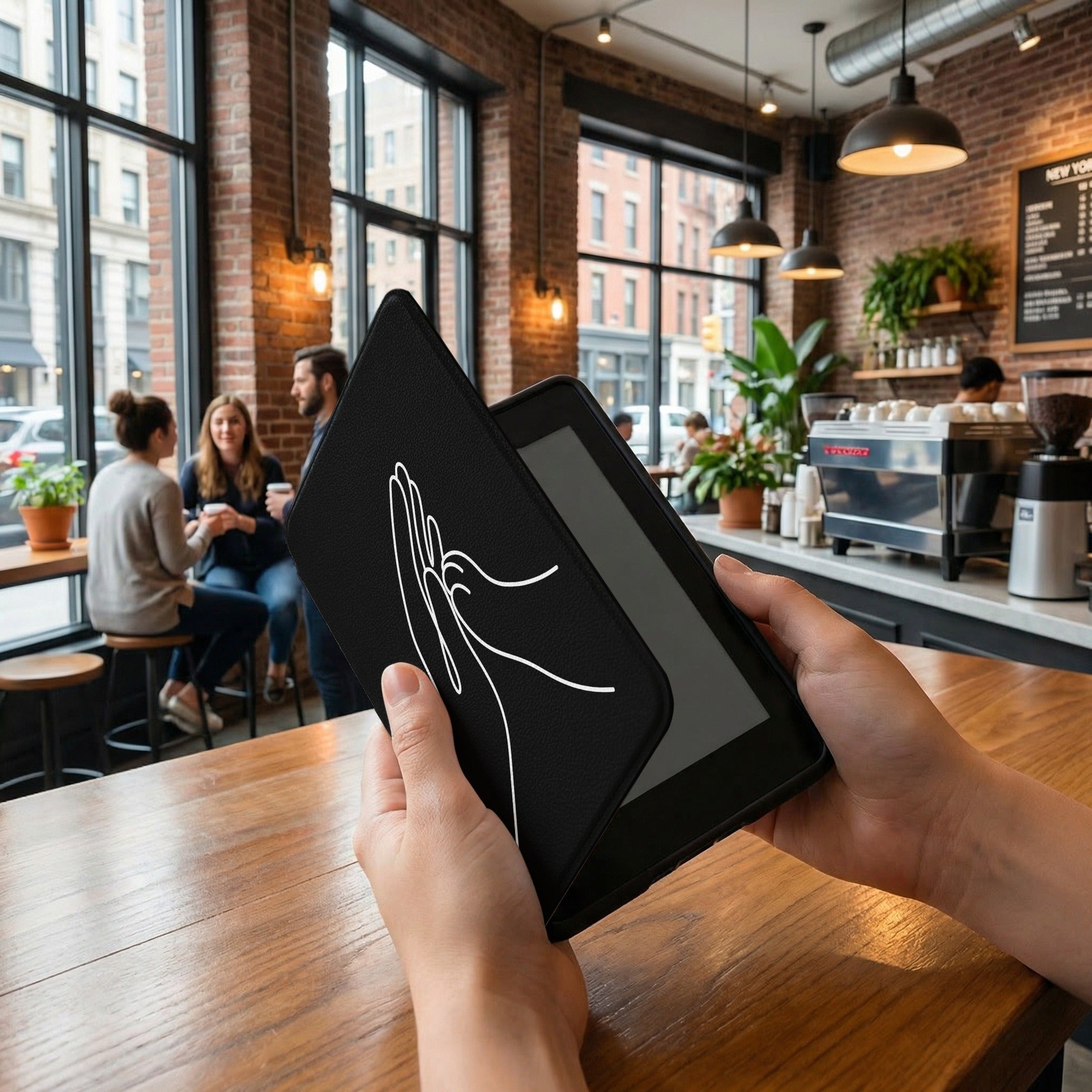 Human Cat Connection Kindle Case — Minimalist Palm to Paw Line Art Gift