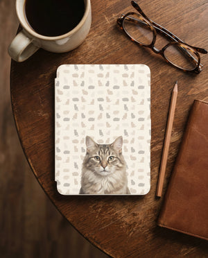 Custom Cat Portrait Kindle Case — Fluffy Tabby with Silhouette Pattern Gift
