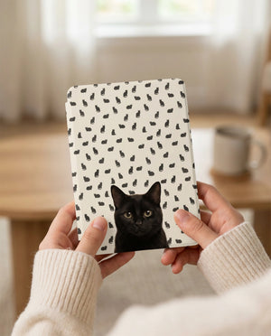 Custom Black Cat Portrait Kindle Case — Scattered Silhouette Pattern