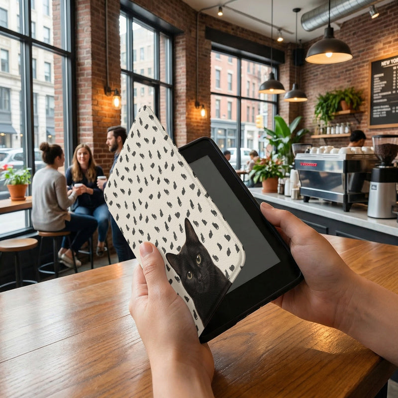 Custom Black Cat Portrait Kindle Case — Scattered Silhouette Pattern