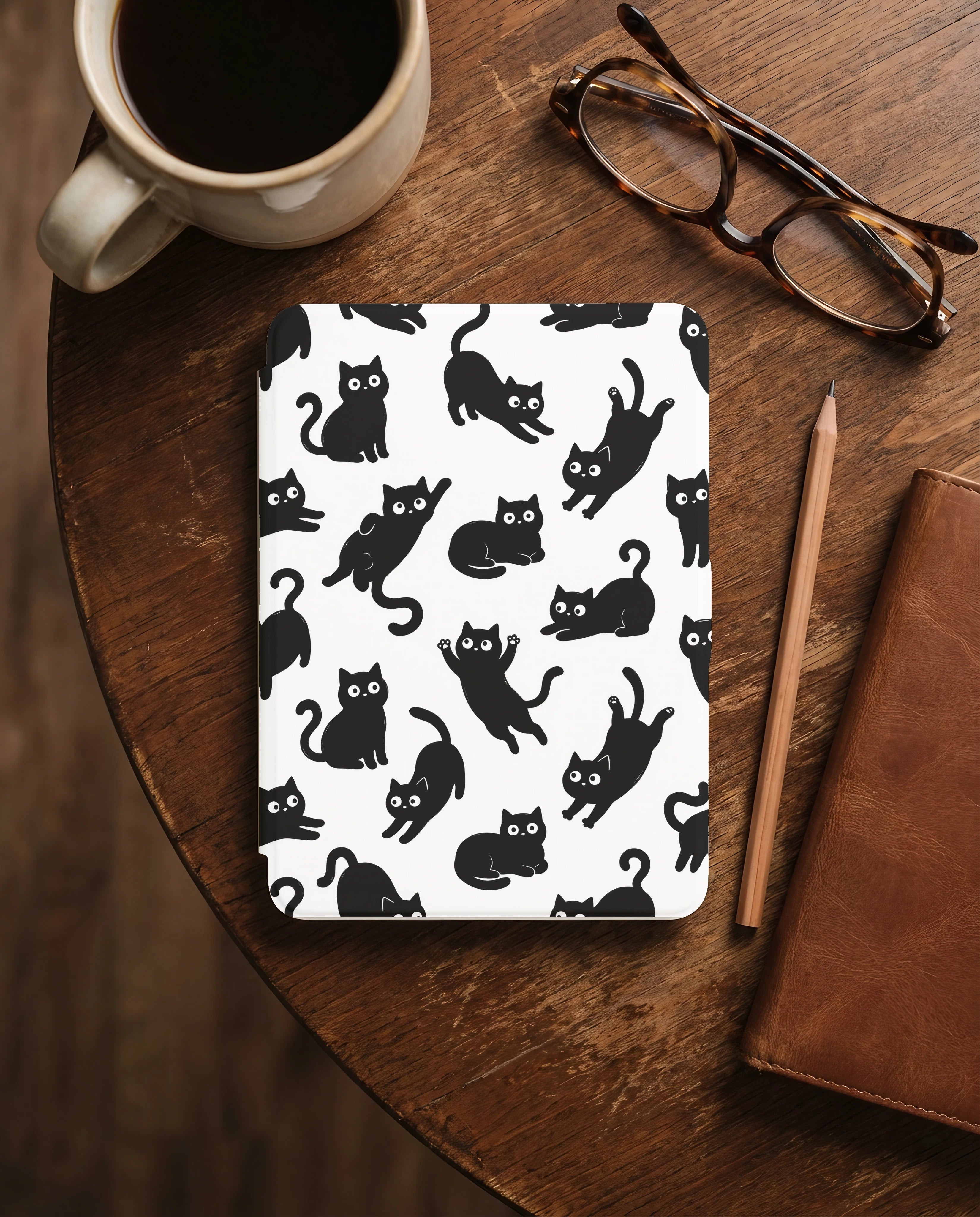 Black Cat Pattern Kindle Case — Cute Cozy Cat Lover Gift